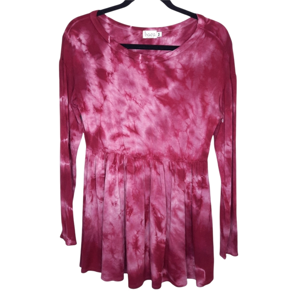 Baea Women's Pink Tie Dye Long Sleeve Peplum Soft Top Medium